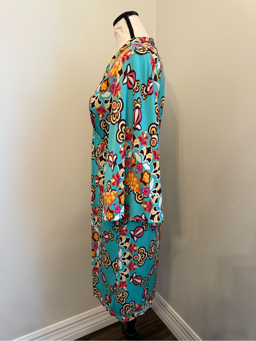 Judith March Boho Empire Waist Midi Dress Large Turquoise Retro Floral Made USA - Picture 10 of 12
